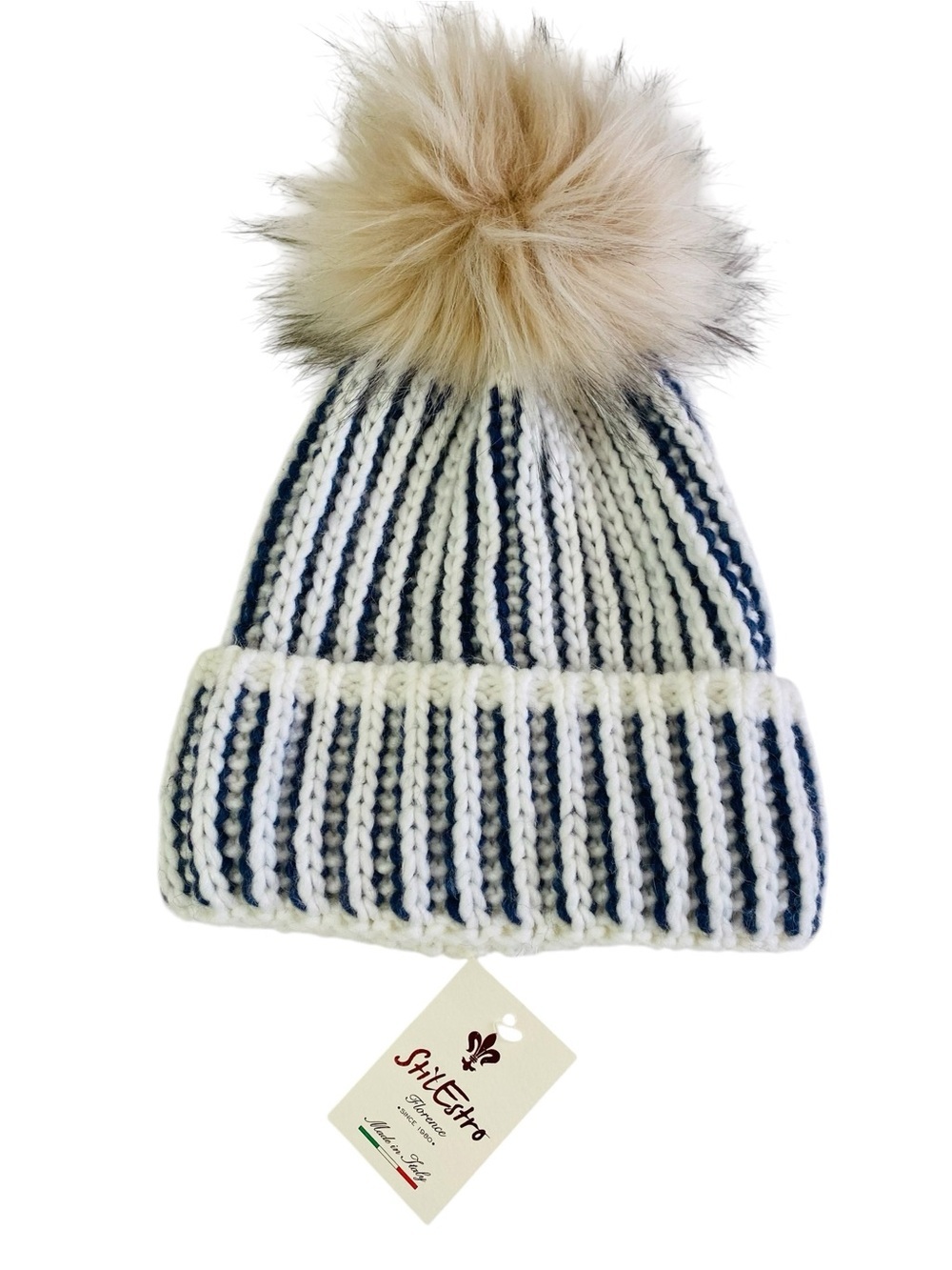 Stil Estro Thick Striped Knit Beanie W/ Pom